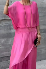 Damen Set mit weitem Oberteil und asymmetrischer Hose – Rosa