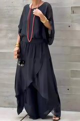 Damen Set mit weitem Oberteil und asymmetrischer Hose – Schwarz