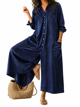 Damen Overall mit weitem Bein und Knopfleiste – Blau