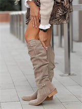 Damen Overknee Stiefel in Beige mit Blockabsatz – khaki