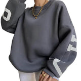 Damen Oversize Pullover mit Rundhalsausschnitt und Ärmeldruck – Dunkelgrau