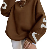 Damen Oversize Pullover mit Rundhalsausschnitt und Ärmeldruck – Braun