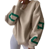 Damen Oversize Pullover mit Rundhalsausschnitt und Ärmeldruck – Khaki