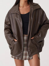 Damen Oversized Bomberjacke aus Kunstleder mit Reißverschluss – Braun