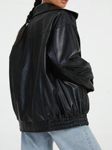 Damen Oversized Bomberjacke aus Kunstleder mit Reißverschluss – Schwarz