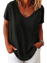 Damen-Oversized-T-Shirt mit V-Ausschnitt und kurzen Ärmeln – Schwarz