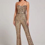 Damen Pailletten Jumpsuit mit Herzausschnitt und weiten Hosenbeinen – Gold