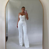 Damen Pailletten Jumpsuit mit Herzausschnitt und weiten Hosenbeinen – Weiß