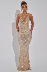 Damen Pailletten Maxikleid mit Halterneck Träger und Tiefem Cowl Ausschnitt – Gold