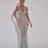 Damen Pailletten Maxikleid mit Halterneck Träger und Tiefem Cowl Ausschnitt – Silber