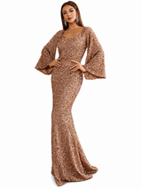 Damen Pailletten-Maxikleid mit V-Ausschnitt und Ausgestellten Ärmeln – Hellbraun