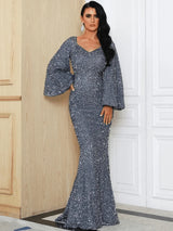 Damen Pailletten-Maxikleid mit V-Ausschnitt und Ausgestellten Ärmeln – Grau