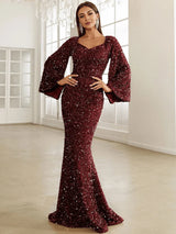 Damen Pailletten-Maxikleid mit V-Ausschnitt und Ausgestellten Ärmeln – Burgund
