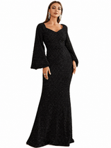 Damen Pailletten-Maxikleid mit V-Ausschnitt und Ausgestellten Ärmeln – Schwarz