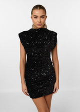 Damen Pailletten-Minikleid mit Rundhalsausschnitt und Strukturierten Schultern – Schwarz