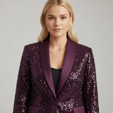 Damen Paillettenblazer mit Schalkragen und Ein-Knopf-Verschluss – Lila