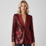 Damen Paillettenblazer mit Schalkragen und Ein-Knopf-Verschluss – Rot