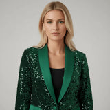 Damen Paillettenblazer mit Schalkragen und Ein-Knopf-Verschluss – Grün