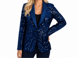 Damen Paillettenblazer mit Schalkragen und Ein-Knopf-Verschluss – Blau