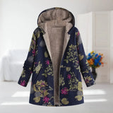 Damen Fleecejacke mit Blumenmuster und weichem Futter – Dunkelblau