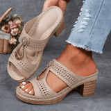 Damen Peep-Toe Mule-Sandalen mit Blockabsatz und Metallornament – Beige