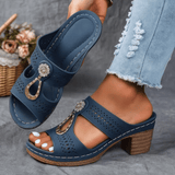 Damen Peep-Toe Mule-Sandalen mit Blockabsatz und Metallornament – Blau