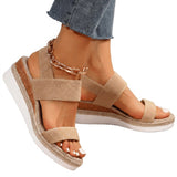 Damen-Plateau-Sandalen mit elastischen Riemen und Jute-Besatz – Beige