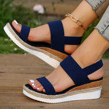 Damen-Plateau-Sandalen mit elastischen Riemen und Jute-Besatz – Marineblau