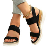 Damen-Plateau-Sandalen mit elastischen Riemen und Jute-Besatz – Schwarz