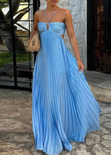 Damen Plissee Maxikleid mit Nackenträgern Aussparungen und geraffter Brustpartie – Blau
