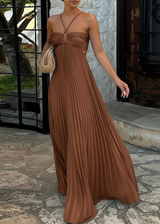 Damen Plissee Maxikleid mit Nackenträgern Aussparungen und geraffter Brustpartie – Braun