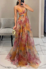 Damen Plissiertes Maxikleid mit Blumenmuster und Spaghettiträgern und Wickelausschnitt – Orange