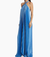 Damen Plissiertes Maxikleid mit gekreuzten Neckholder Trägern – Blau