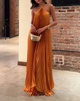 Damen Plissiertes Maxikleid mit gekreuzten Neckholder Trägern – Schokolade