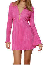 Damen Plissiertes Minikleid mit V-Ausschnitt – Rosa