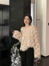 Damen Pullover mit Bootsausschnitt und Fransenoberfläche sowie Paillettenbesatz – Aprikose