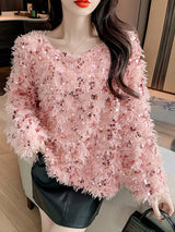 Damen Pullover mit Bootsausschnitt und Fransenoberfläche sowie Paillettenbesatz – Rosa