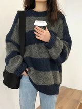 Damen Pullover mit Breiten Streifen Rundhals Langen Ärmeln und Rippbündchen – Grau