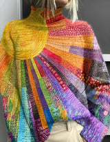 Damen Pullover mit buntem Patchworkmuster und Stehkragen – Mehrfarbig