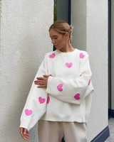 Damen Pullover mit Herz-Applikationen und Rundhalsausschnitt – Rosa