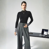 Damen Pullover mit langen Ärmeln Bündchen und Rollkragen ohne Verschluss – Schwarz