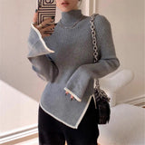 Damen Pullover mit Rollkragen langen Ärmeln Kontrastpaspel und Seitenschlitz – Grau