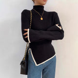 Damen Pullover mit Rollkragen langen Ärmeln Kontrastpaspel und Seitenschlitz – Schwarz