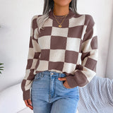 Damen Pullover mit Rundausschnitt Langen Ärmeln Rippbündchen und Großem Karomuster – Braun