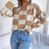 Damen Pullover mit Rundausschnitt Langen Ärmeln Rippbündchen und Großem Karomuster – Khaki