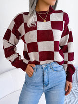 Damen Pullover mit Rundausschnitt Langen Ärmeln Rippbündchen und Großem Karomuster – Weinrot
