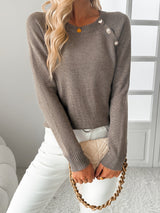Damen Pullover mit Rundausschnitt Schulterknöpfen Langen Ärmeln und Rippstrickstruktur – Taupe
