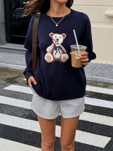 Damen Pullover mit Rundhalsausschnitt langen Ärmeln und Bärchen Intarsiamotiv – Marineblau