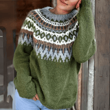 Damen Pullover mit Rundhalsausschnitt Norwegermuster an der Passe und langen Ärmeln – Grün