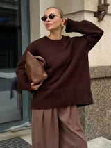 Damen Pullover mit Rundhalsausschnitt und elastischen Bündchen – Braun